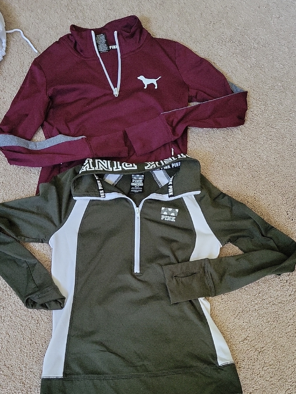 PINK Victoria's Secret Girls Quarter-Zip Sweatshirts in Burgundy and Olive